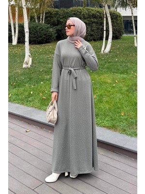 Lamelif Taş Detaylı Tesettür Elbise Haki