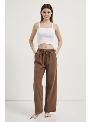 Tena Moda Kadın Kahve Beli Bağlamalı Geniş Piş Dikişli Paça Pantolon