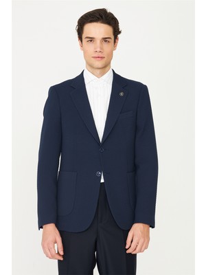 White Stone Lacivert Hafif Desenli Blazer Ceket