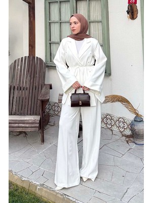 Lamelif Derin Pens Detaylı Tesettür Takım Beyaz