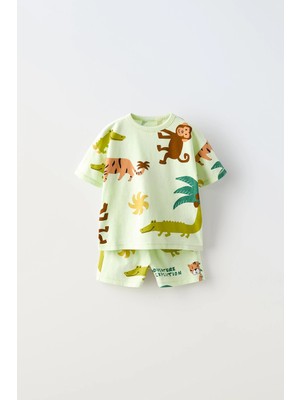 Magu Erkek Çocuk Pamuklu Açık Yeşil Safari Temalı Hayvan Baskılı Yazlık T-Shirt ve Şort Takım