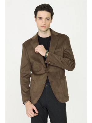 White Stone Camel Süet Görünümlü Slim Fit Blazer Ceket