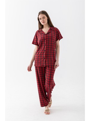 Wega Moda Kadın Ekose Desenli %100 Pamuk Gömlek Yaka Kısa Kollu Düğmeli Pijama Takımı