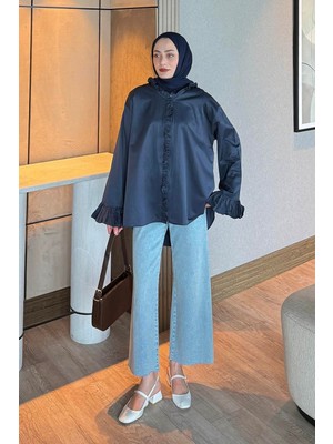 Lamelif Fırfırlı Gömlek Gece Mavisi