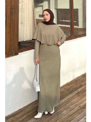 Lamelif Balıksırtı Kemerli Elbise Haki