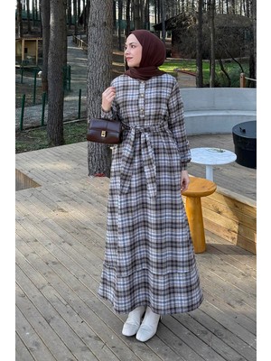 Lamelif Ekose Desen Elbise Çikolata Kahve