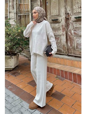 Lamelif Tabata Fitilli Tesettür Takım Ekru