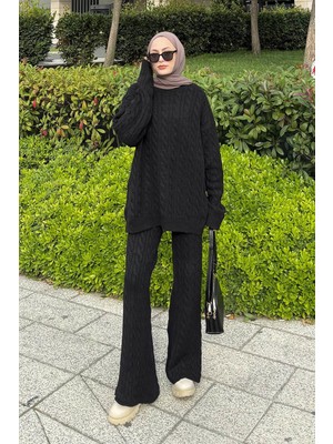 Lamelif Örgülü Şardonlu Takım Siyah