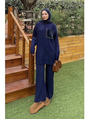 Lamelif Peluş Cep Triko Takım Lacivert