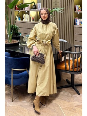 Lamelif Pileli Poplin Elbise Bej