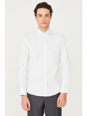 White Stone Lacivert İnce Çizgili Uzun Kollu Gömlek Slim Fit