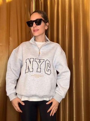 Gri Nyc Nakışlı Şardonlu Sweatshirt