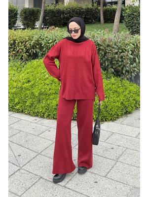 Lamelif Düğme Detaylı Triko Takım Bordo