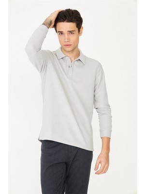 White Stone Gri Mikro Dokulu Uzun Kollu Polo Yaka Üst
