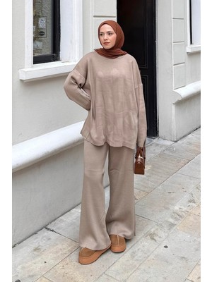 Lamelif Düz Bisiklet Yaka Takım Vizonrengi