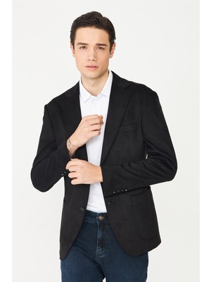 White Stone Siyah Nubuk Görünümlü Dokulu Modern Ceket