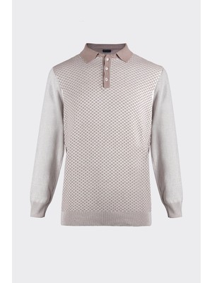 White Stone Polo Yaka Yarım Düğmeli Premium Triko Kazak Bej