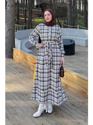 Lamelif Ekose Desen Elbise Taş