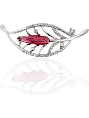 Oya Silver Pembe Zirkon Taşlı Yaprak Gümüş Broş 4.9x1.7cm [OYA-BR-001]
