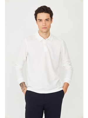 White Stone Beyaz Mikro Dokulu Uzun Kollu Polo Yaka Üst