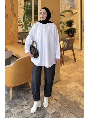 Lamelif Kol Fırfır Detaylı Gömlek Beyaz