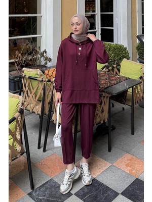 Lamelif Kapüşonlu Ikili Takım Bordo