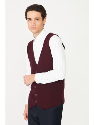 White Stone Bordo V Yaka Düğmeli Triko Yelek