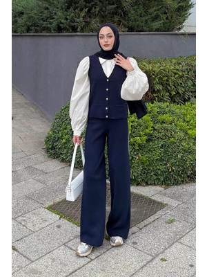 Lamelif Biyeli Yelekli Takım Lacivert