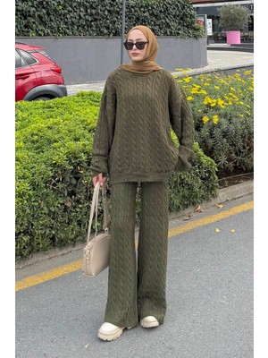 Lamelif Örgülü Şardonlu Takım Haki