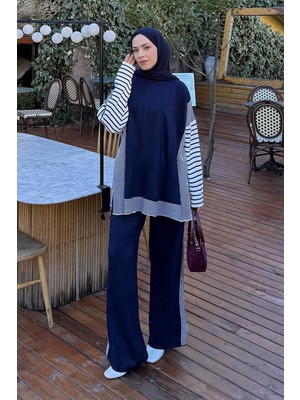 Lamelif Yan Çizgili Panço Tesettür Takım Lacivert