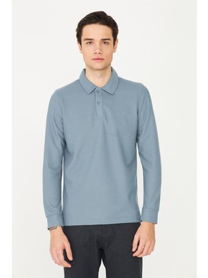 White Stone Mavi Mikro Dokulu Uzun Kollu Polo Yaka Üst