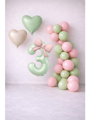 Patladı Gitti Adaçayı Yeşili & Pembe 3 Yaş Doğum Günü Balon Süsleme Seti