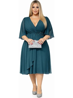 Kadın Büyük Beden Şifon Kruvaze Yaka Kemer Detaylı Midi Abiye Elbise