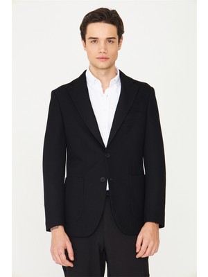 White Stone Siyah Kadife Fitilli Modern Kesim Düğmeli Blazer Ceket