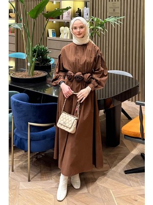 Lamelif Pileli Poplin Elbise Acı Kahverengi