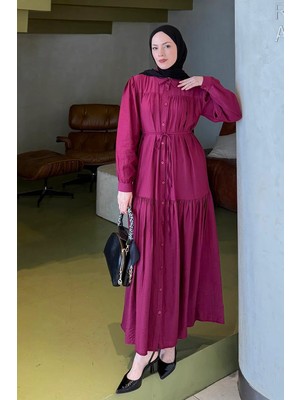 Lamelif Bağlama Detaylı Tesettür Elbise Mürdüm