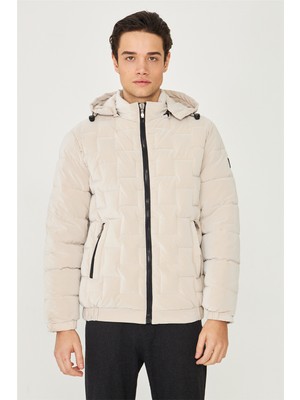 White Stone Bej Kapüşonlu Termal Isı Yalıtımlı Şişme Mont