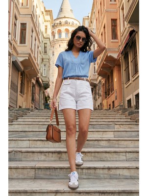 Lela Kemer Detaylı Relaxed Fit Yüksek Bel Pamuklu Şort Bayan Şort 668YP5448