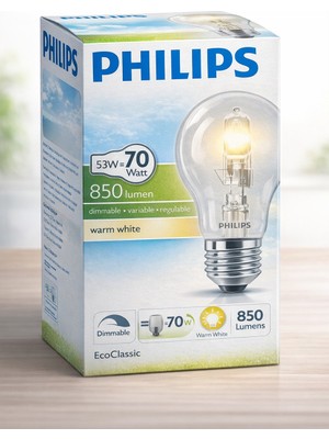 Philips Halojen Klasik 53W (70W) Dim Edilebilir Sarı Işık E27 Duylu Eski Tip Ampul