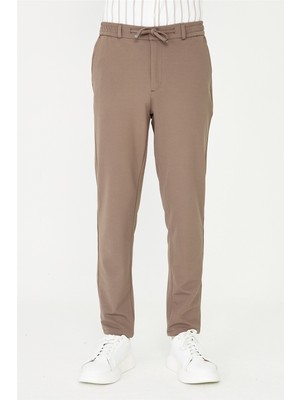 White Stone Kahverengi İnce Çizgili Dokulu Modern Kesim Bağcıklı Smart Casual Pantolon