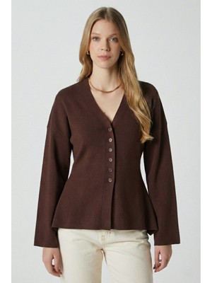 Ritnice Kadın Lauren Özel Iplik Merserize Görünüm Peplum Kahverengi Triko Hırka