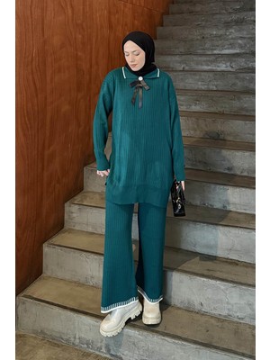 Lamelif Kurdela Detaylı Triko Takım Zümrüt Yeşili