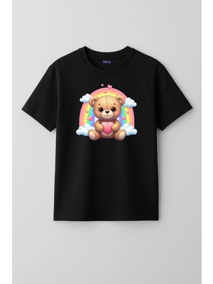 Mixxi Fashion Sevimli Ayı Gökkuşağı Cute Bear Rainbow Baskılı Kısa Kollu Unisex  Çocuk Tişört (4-13 Yaş)