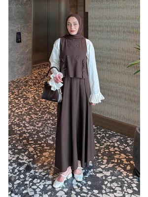 Lamelif Düğmeli Yelekli Takım Acı Kahverengi