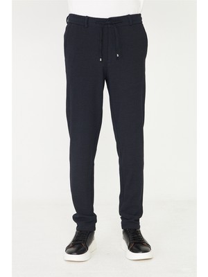 White Stone Lacivert Mikro Desenli Bağcıklı Modern Jogger Pantolon