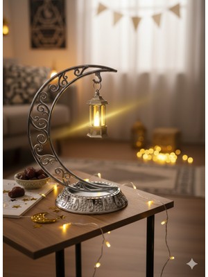 Dodomar Dekoratif 28 cm Hilal Parlak Gümüş Ramazan LED Lamba 10 cm Kancalı Set