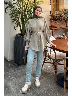 Lamelif Geniş Yakalı Biyeli Gömlek Haki