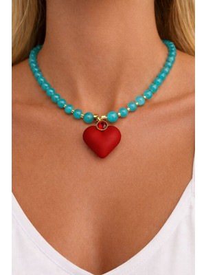 db DİLEK BAŞ TASARIM Amazonit Doğal Taşlı Kırmızı Kalp Figürlü Gold Detaylı Kadın Kolye