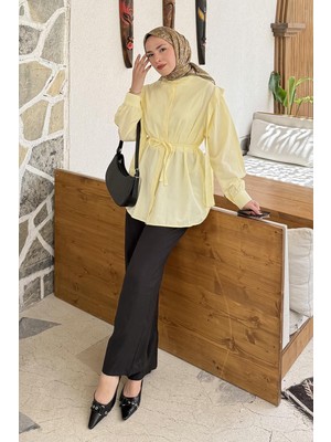 Lamelif Bel Bağlamalı Omuz Vatkalı Gömlek Sarı