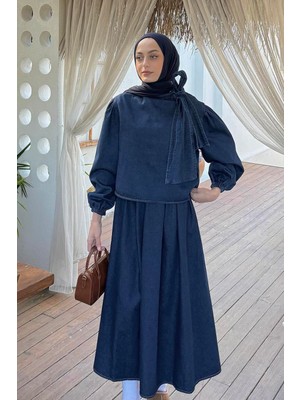 Lamelif Fiyonk Detaylı Denim Takım Koyu Mavi